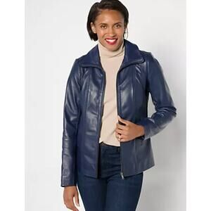 Denim & Co. Lamb Leather Zip Front Seamed Jacket with Pockets Sz M Navy Blue QVC